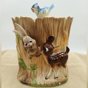 1960s Vintage Bambi Thumper Cookie Jar Ceramic Bluebird Whimsical Cottage Decor